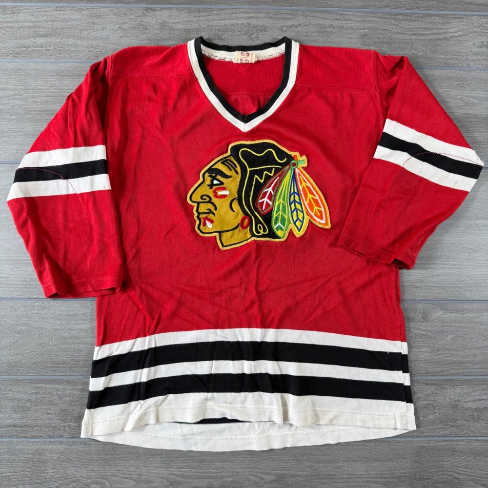 Vintage 70s 80s Chicago Blackhawks Hockey Jersey Red Knit Embroidered Large